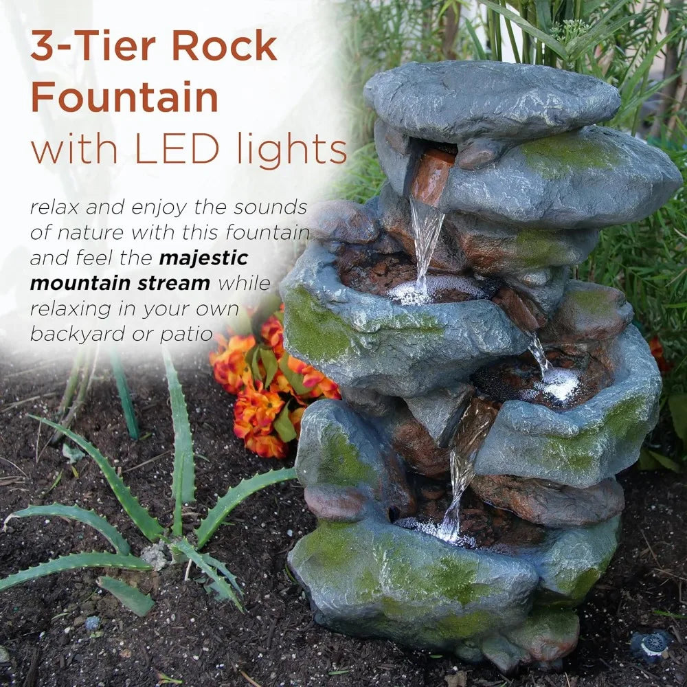 3-Tiered Rock Waterfall Fountain with LED Lights