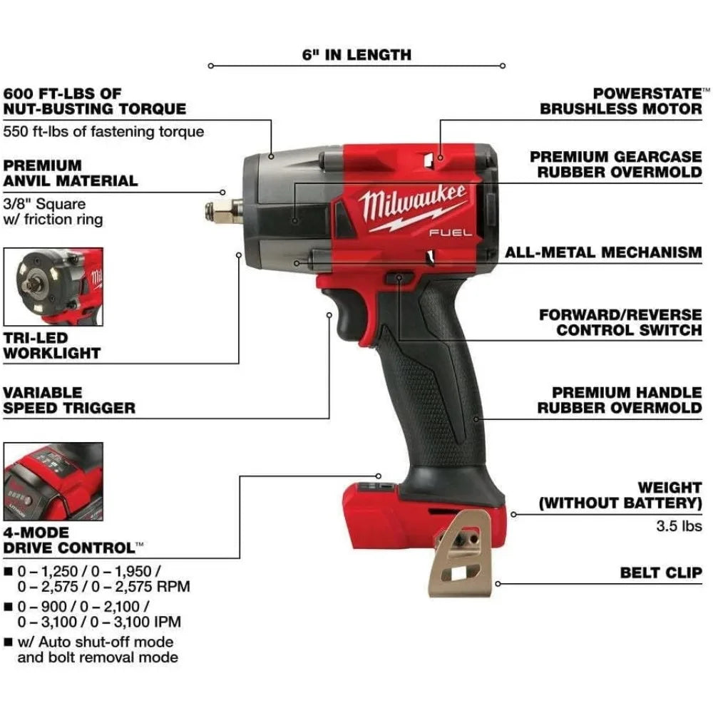 Milwaukee Fuel 3/8'' Brushless Cordless Mid-Torque Compact Impact