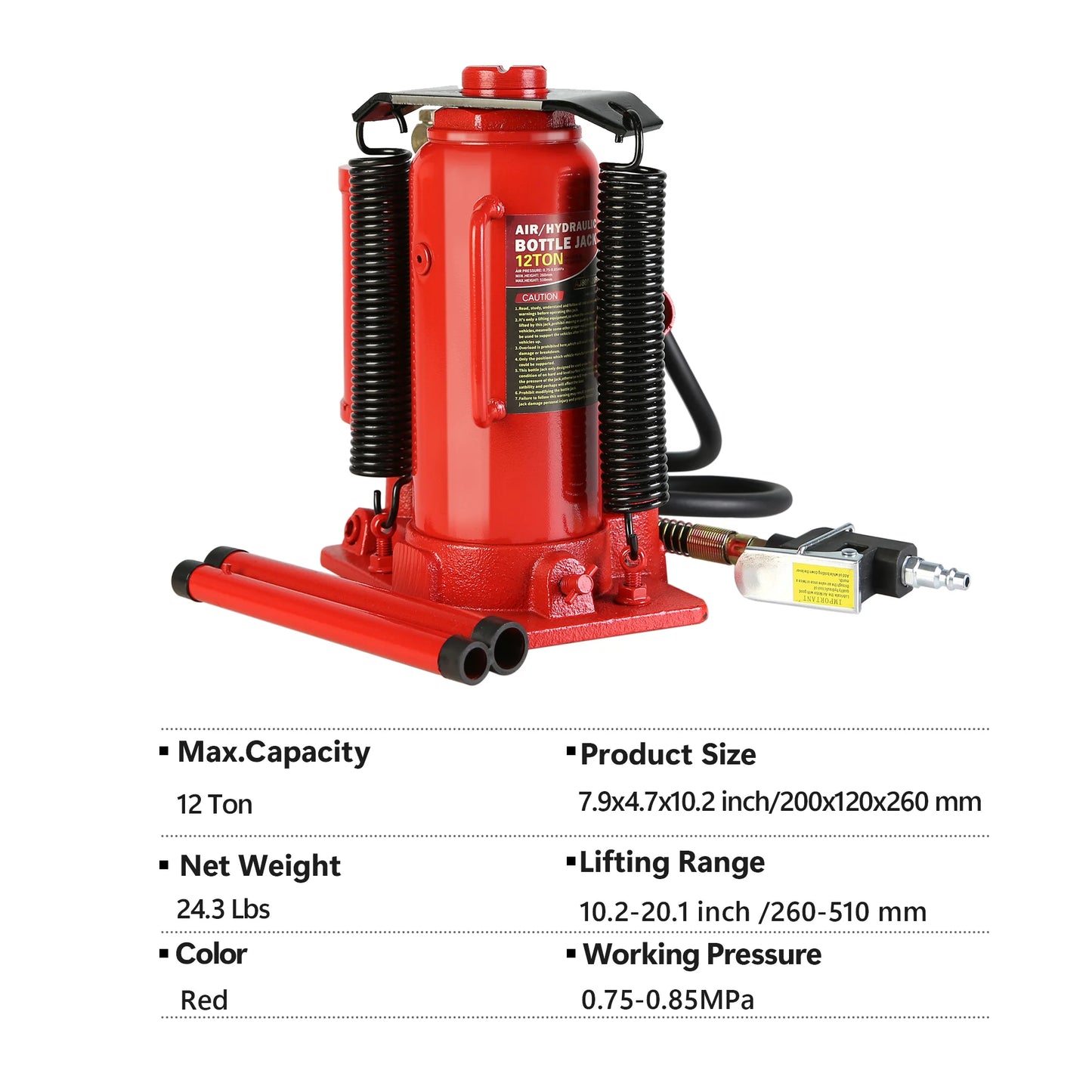 Air Hydraulic Bottle Jack, 12 Ton