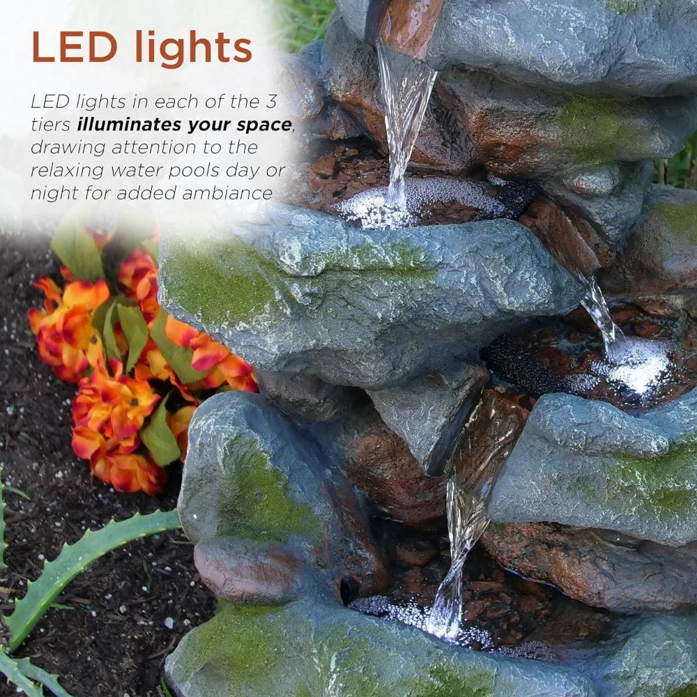 3-Tiered Rock Waterfall Fountain with LED Lights